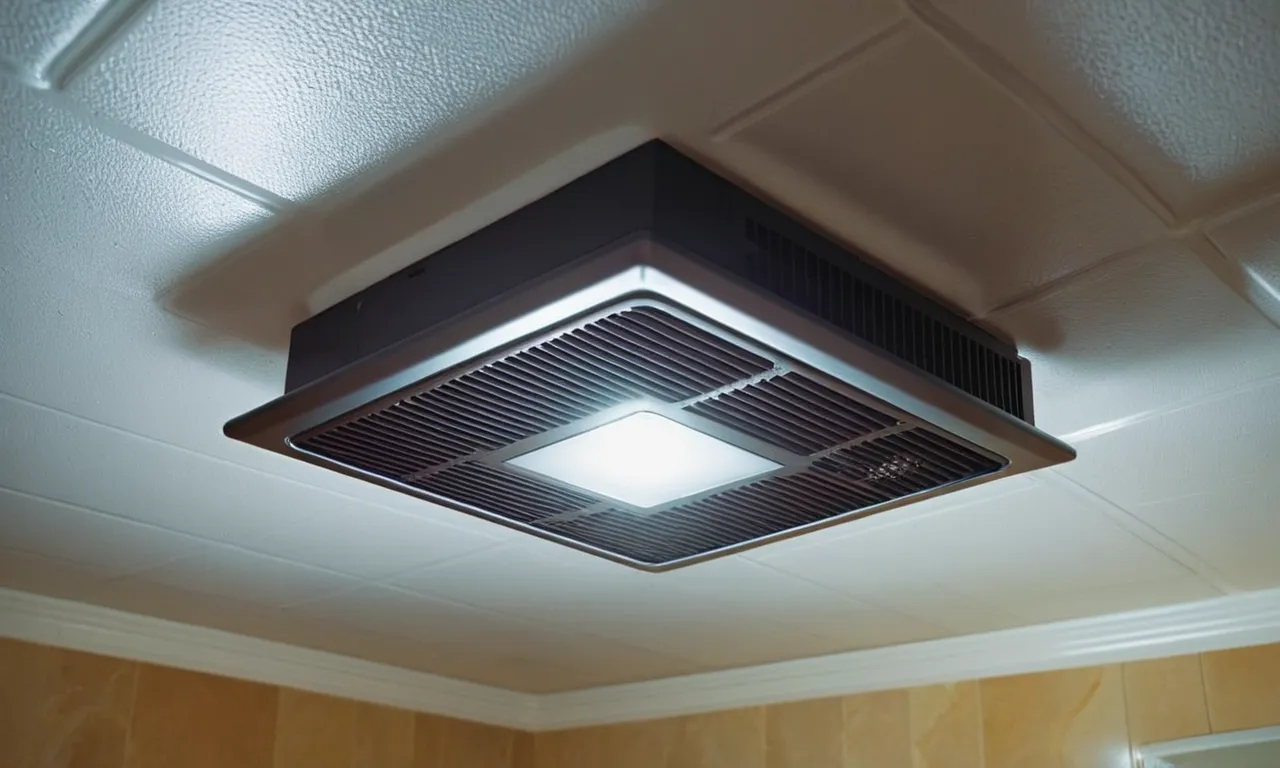 A close-up shot of a sleek bathroom vent fan with a built-in light fixture, illuminating the space while efficiently removing steam and odors, creating a refreshing and well-lit bathroom environment.