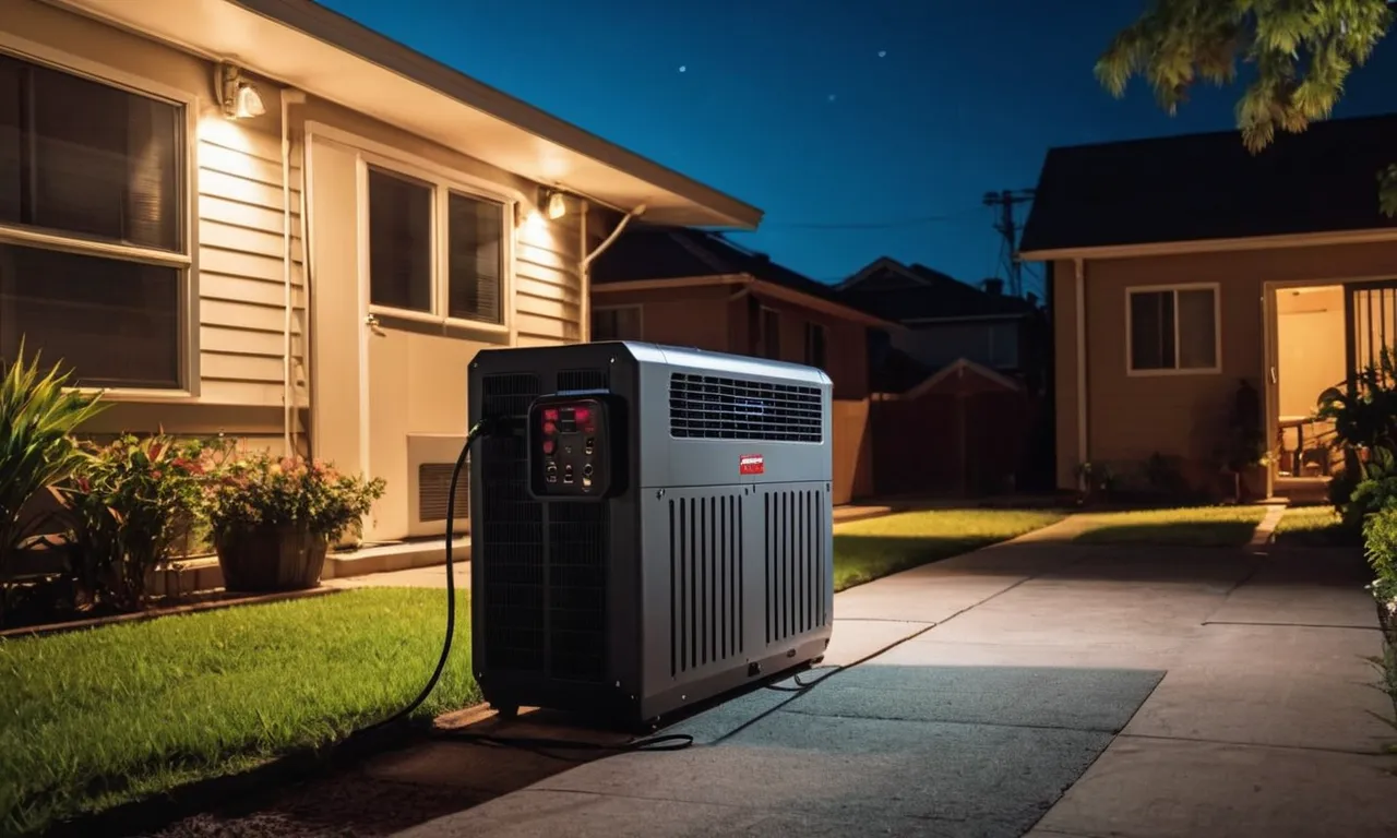 A photo capturing a powerful inverter generator standing tall amidst a darkened neighborhood, providing a reliable and uninterrupted power supply during a widespread blackout.