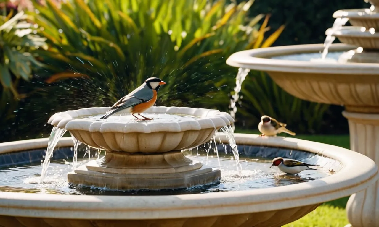 A close-up shot capturing a serene bird bath adorned with a solar-powered fountain, showcasing the gentle cascading water as birds gather around, creating a harmonious oasis for avian visitors.