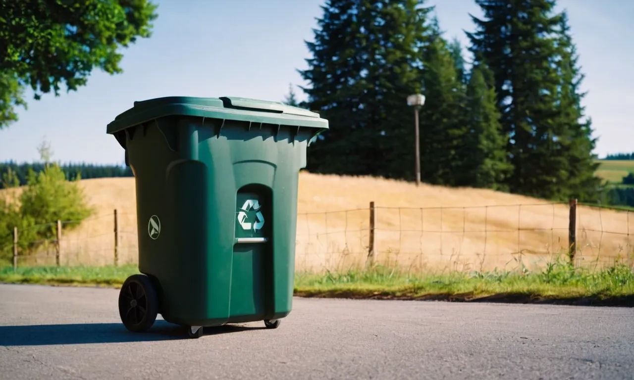 A close-up shot of a sturdy outdoor garbage can with a locking lid and wheels, standing proudly amidst a picturesque landscape, symbolizing both functionality and aesthetics for waste management.