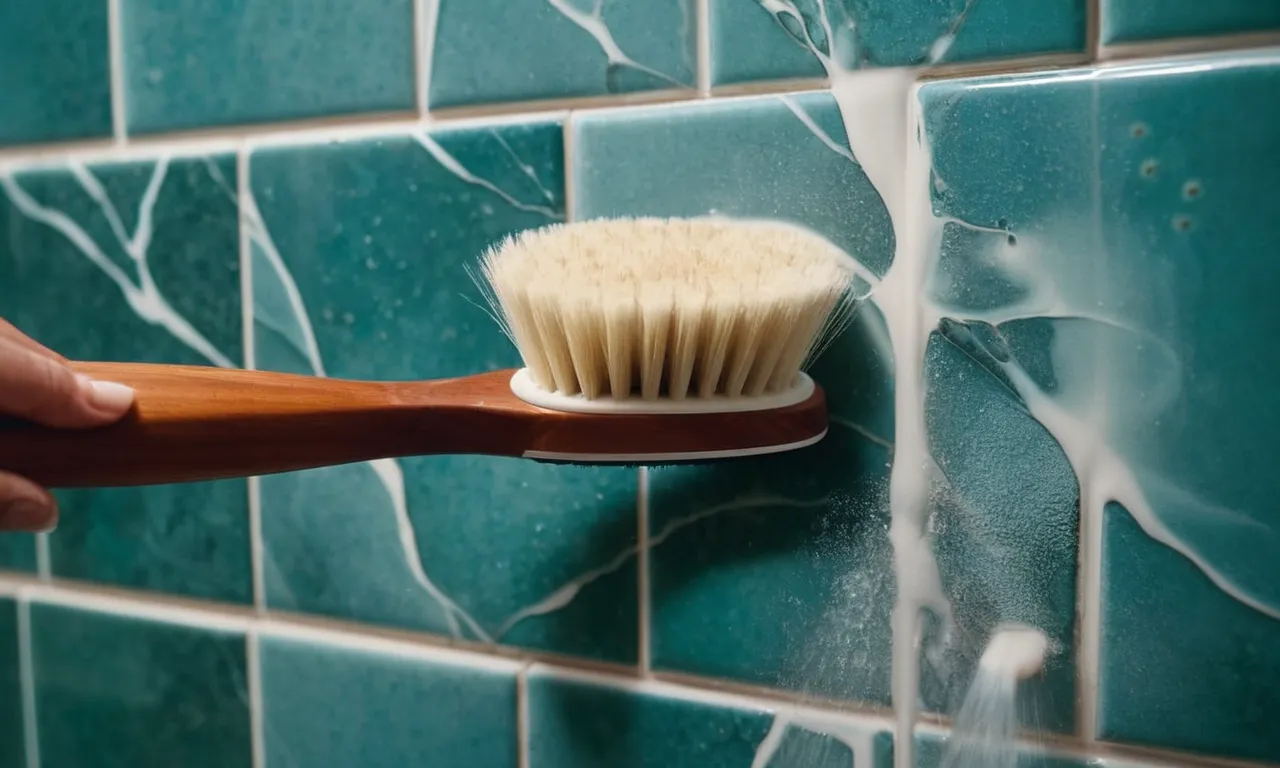 A close-up shot of a long-handled shower cleaning brush, bristles soaked in soapy water, gliding effortlessly along the tiles, capturing the essence of a sparkling, pristine bathroom.