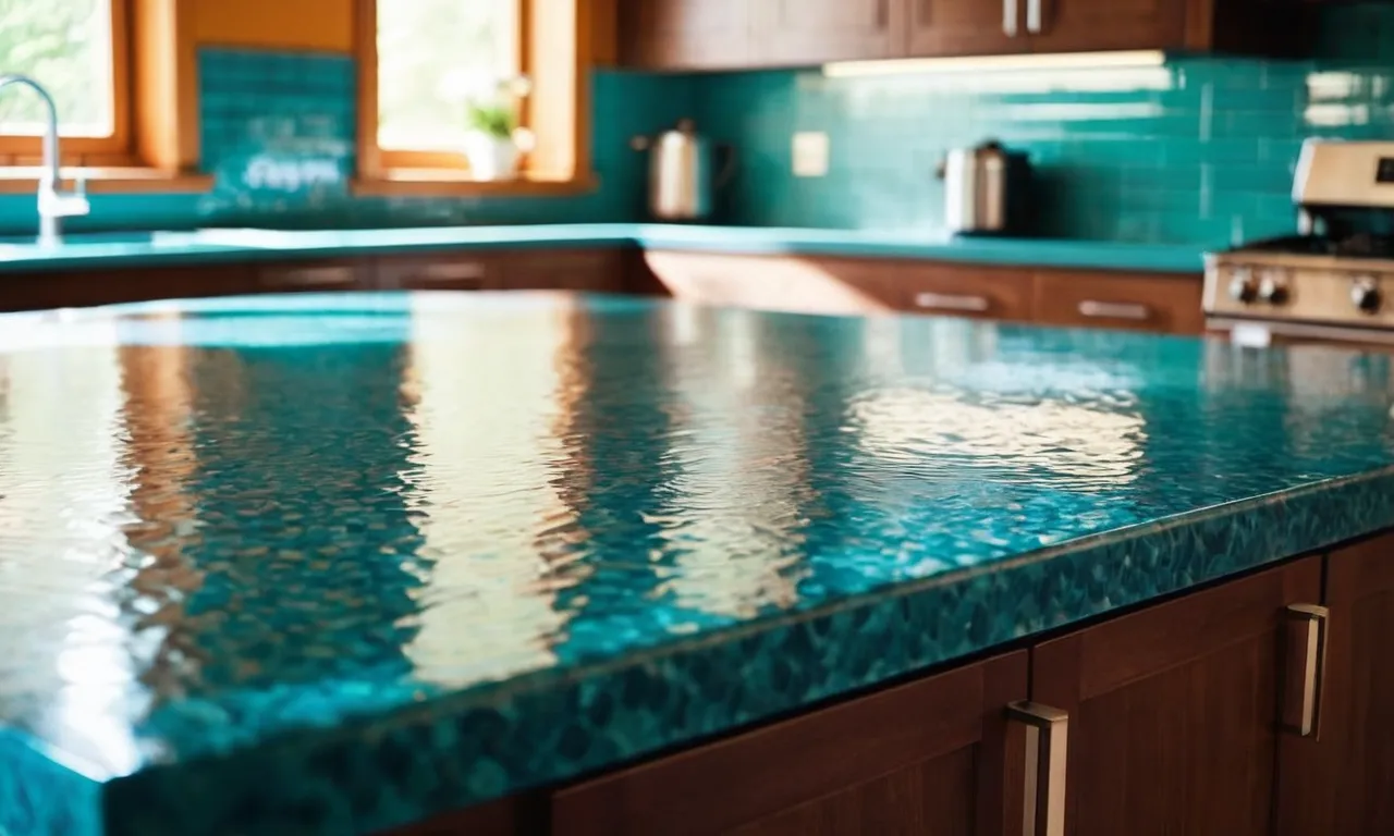 A close-up shot capturing the glossy, water-resistant surface of a kitchen countertop covered in the "best waterproof contact paper," showcasing its durability and sleek appearance.