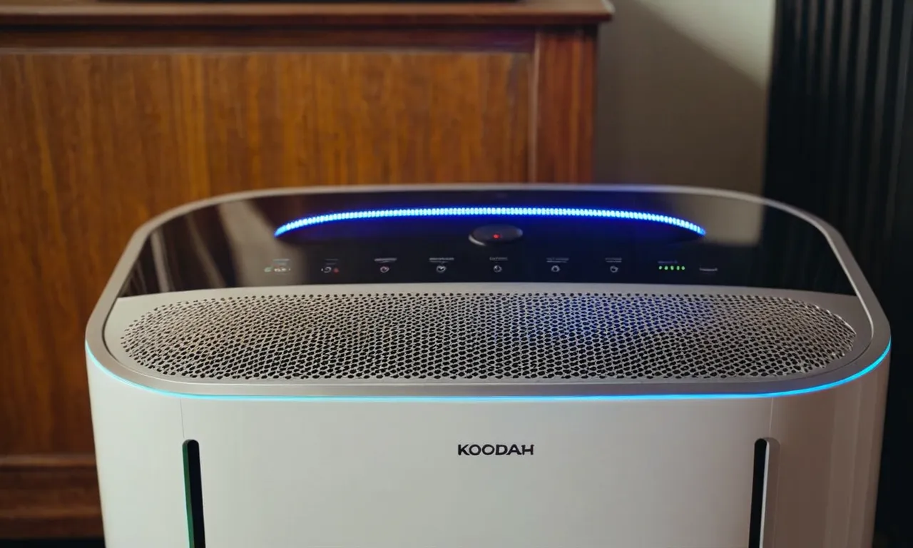 A close-up shot capturing a sleek, modern air purifier in action, silently eliminating mold spores from the air, showcasing its efficiency and effectiveness in maintaining a clean and healthy environment.