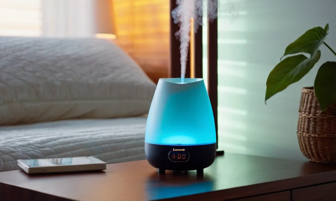 A close-up shot captures a sleek, compact humidifier placed on a nightstand in a cozy bedroom. Soft lighting highlights the mist, providing relief to a sleeping person with sinus problems.