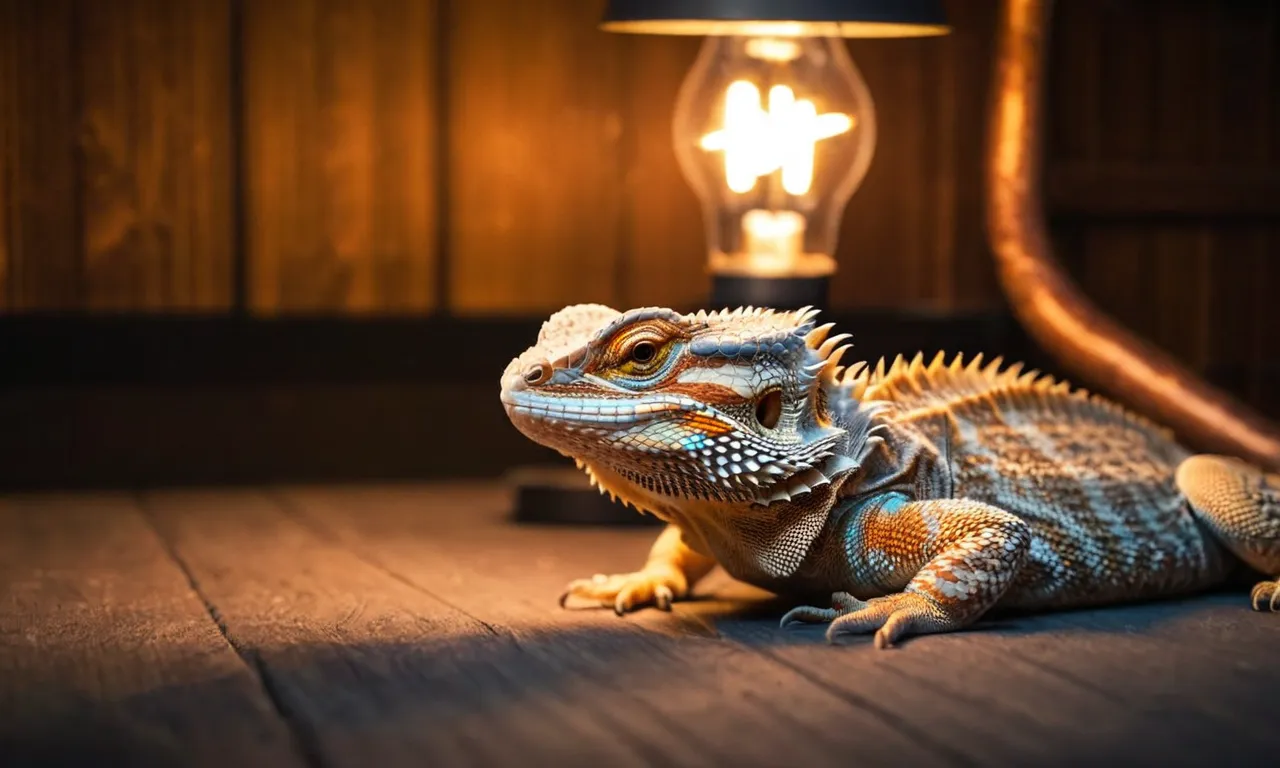 A close-up shot capturing the warm glow of a bearded dragon basking under the perfect basking bulb, creating a cozy and inviting atmosphere for the reptile.