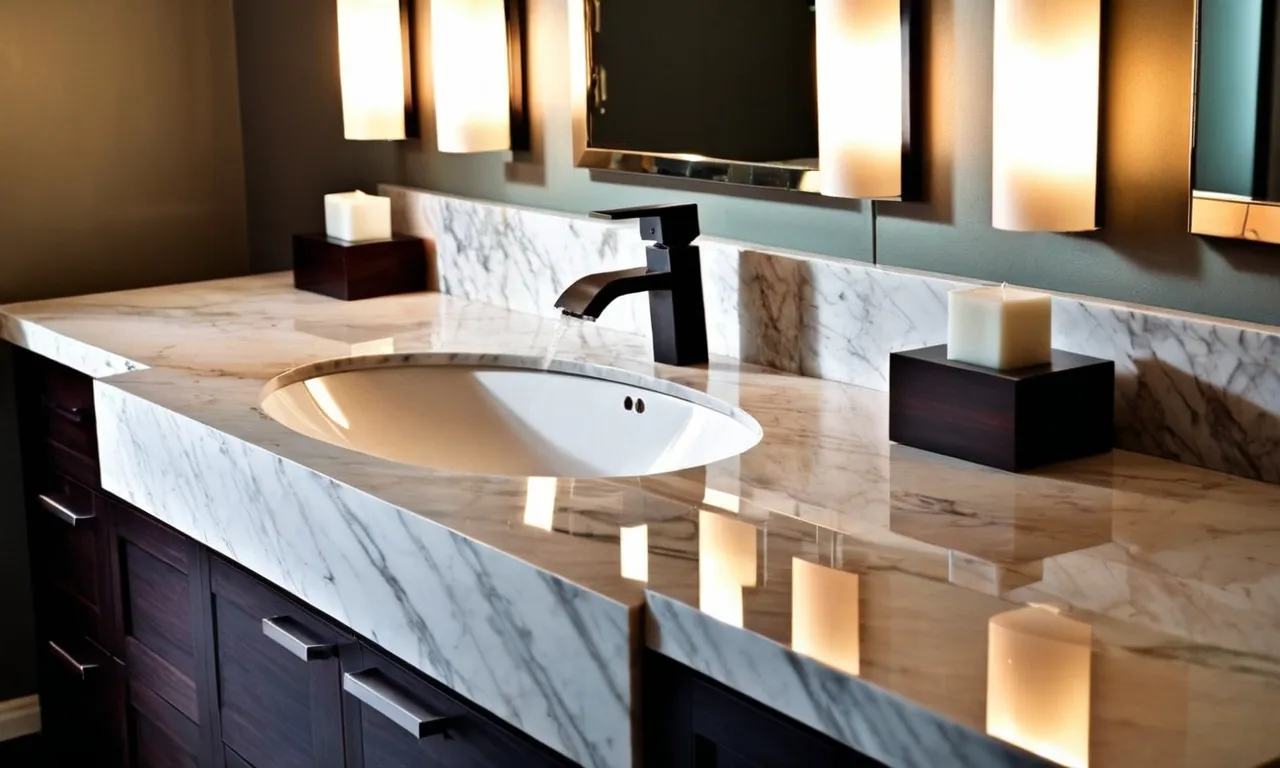 A close-up photo showcasing a sleek bathroom vanity top made of luxurious marble, glistening under soft lighting, exuding elegance and functionality.