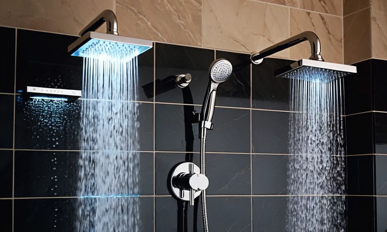 A captivating photo showcases two sleek, modern dual shower heads releasing a powerful stream of water, creating a blissful and invigorating shower experience with high pressure.