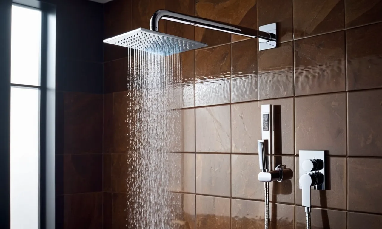 A captivating photo captures the sleek silhouette of a luxurious bathroom, showcasing a ceiling-mounted rain shower head in action, creating a tranquil cascade of water, inviting relaxation and indulgence.