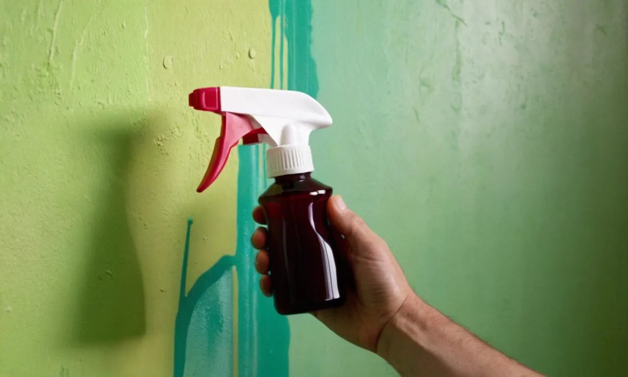 A close-up shot of a hand holding a spray bottle filled with a gentle wall cleaner, with a backdrop of a freshly painted wall, showcasing its effectiveness in removing dirt and stains.
