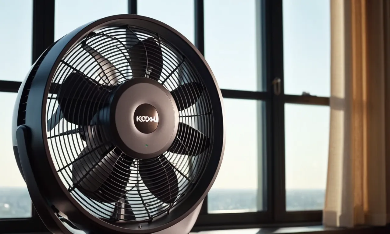 A close-up shot of a sleek, modern tower fan placed strategically near an open window, gently circulating cool air throughout a cozy apartment, providing the ultimate relief from summer heat.