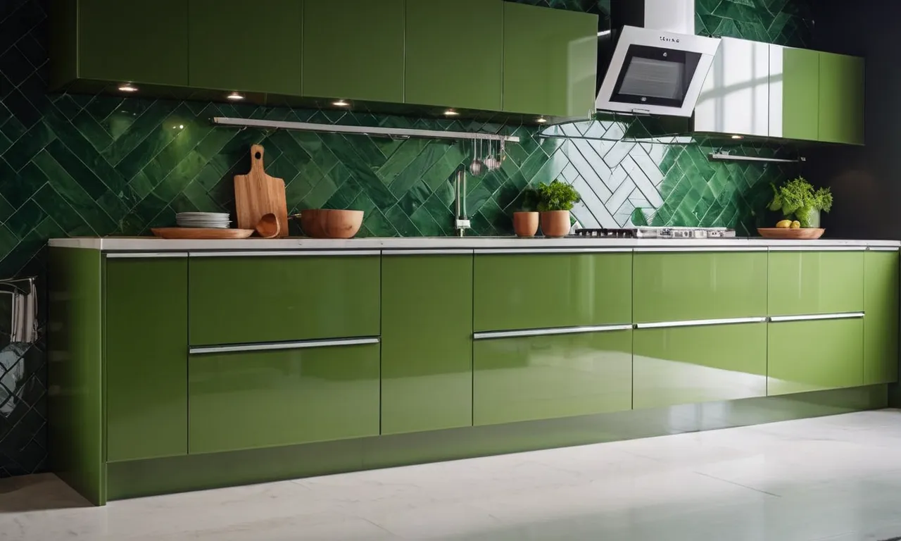 A close-up shot capturing the sleek, glossy finish of kitchen cabinets painted in the perfect shade of vibrant green, adding a fresh and inviting touch to the space.