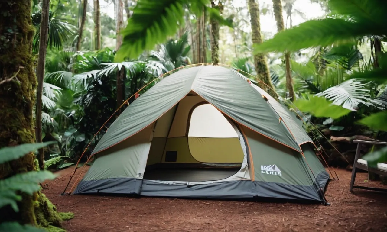 A picturesque shot of a cozy tent nestled amidst lush greenery, its entrance adorned with a portable air conditioner, providing the perfect cooling solution for comfortable camping in the great outdoors.