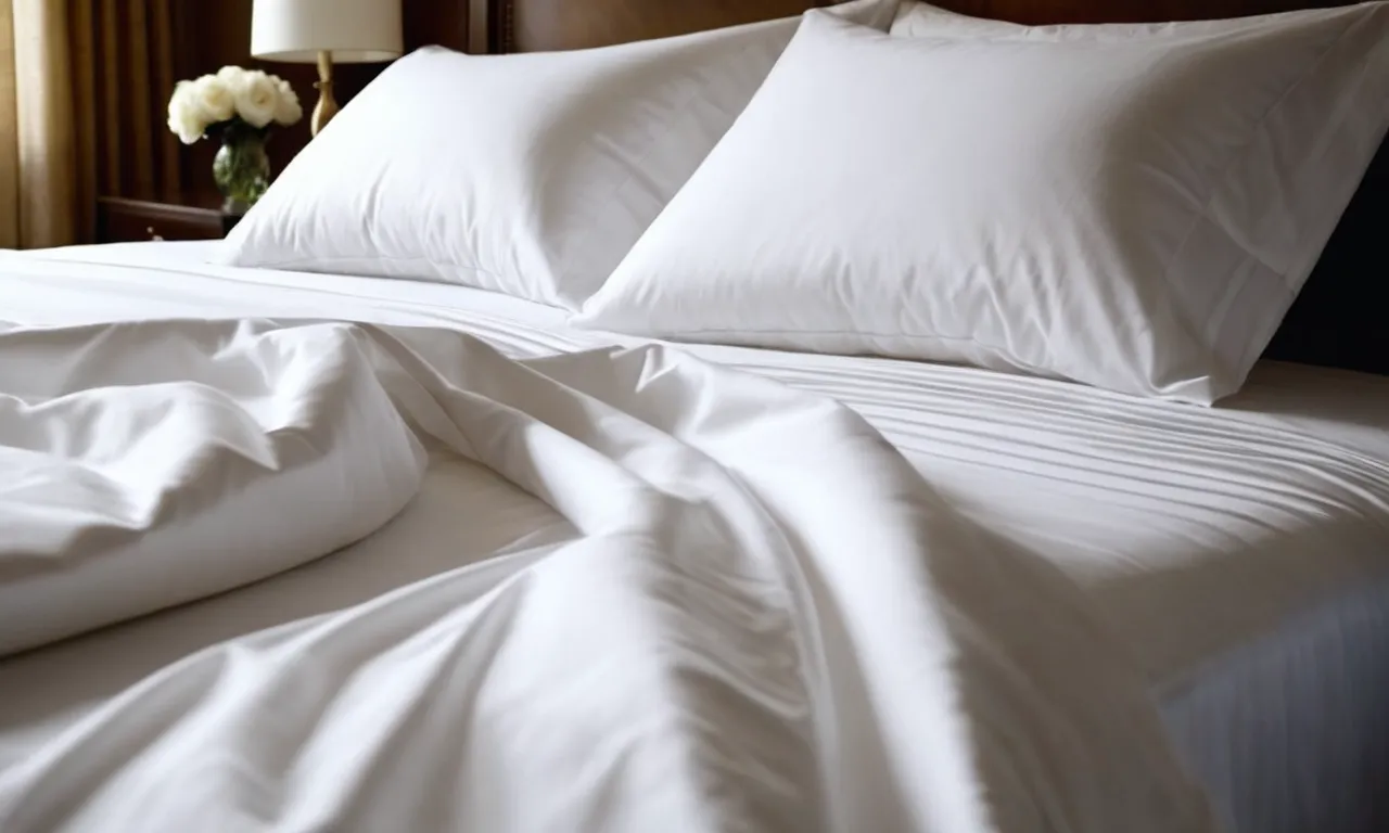 A close-up shot of luxurious, crisp white sheets with a high thread count, perfectly draped over a bed, inviting a cool and comfortable sleep.