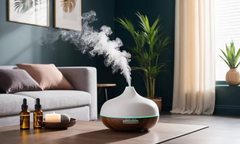 The photo captures a serene large room with a stylish, sleek essential oil diffuser gently releasing aromatic mist, creating a tranquil ambiance that promotes relaxation and wellness.