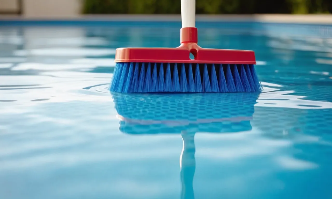 A close-up shot capturing the bristles of a pool brush gently gliding across the smooth surface of a vibrant blue vinyl liner, ensuring a spotless and well-maintained pool.