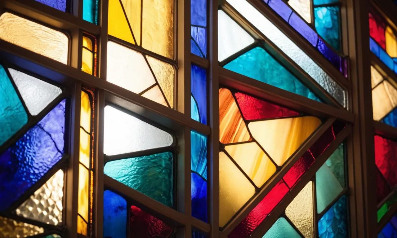 A vibrant close-up of a stained glass window, capturing the intricate details of the colorful patterns and the play of light, showcasing the stunning effect created by the best paint for stained glass.