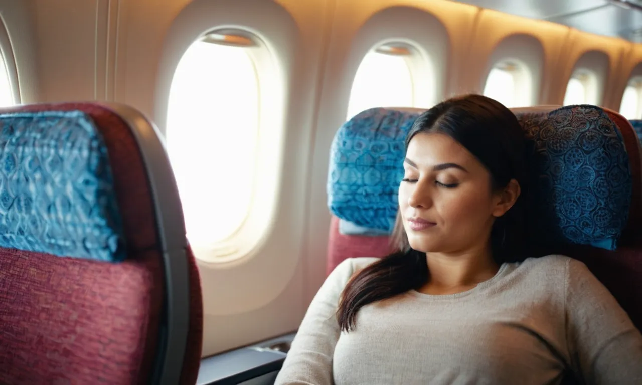 A close-up shot of a traveler blissfully resting on an airplane, cradling a plush, ergonomic pillow, symbolizing comfort and relaxation during long flights.