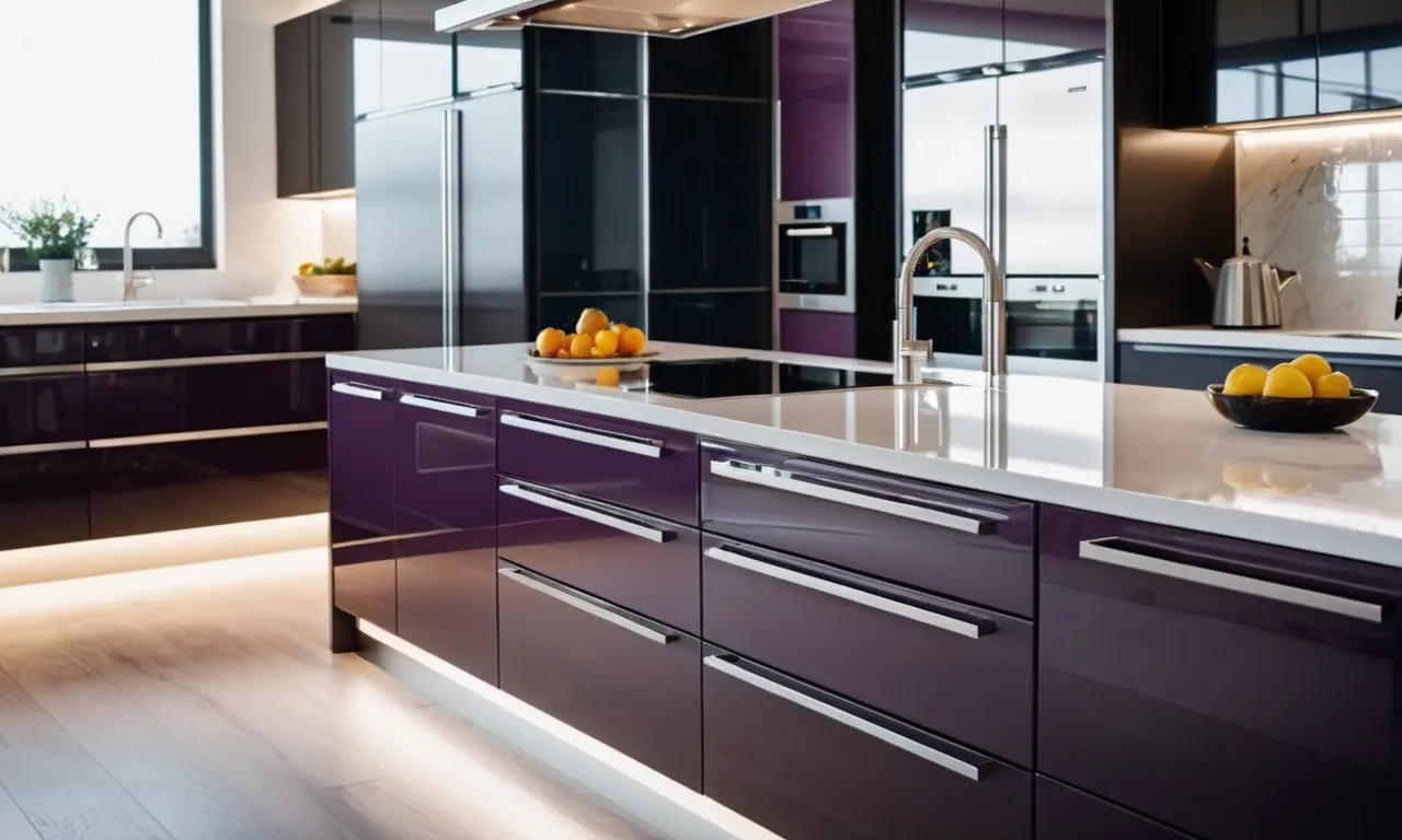 A close-up shot capturing the sleek and glossy finish of kitchen cabinets wrapped in the finest vinyl material, showcasing its durability and modern aesthetic.