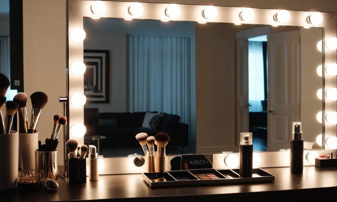 A close-up photo of a sleek, modern makeup mirror with bright, evenly-distributed LED lights, showcasing its flawless illumination and adjustable settings.