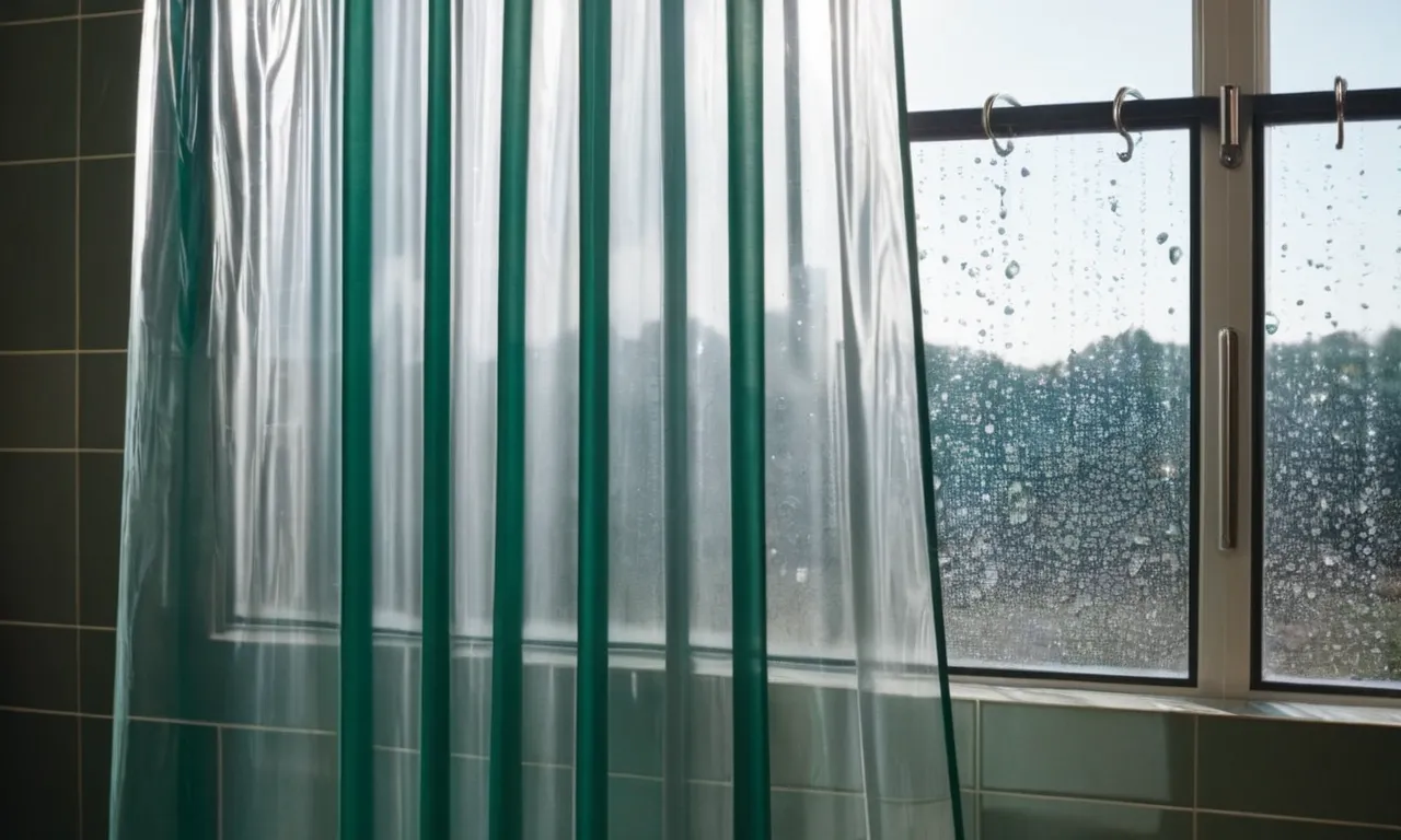 A close-up photo capturing a clear shower curtain liner with an anti-mold coating, showcasing its smooth texture and protective features against mold growth.