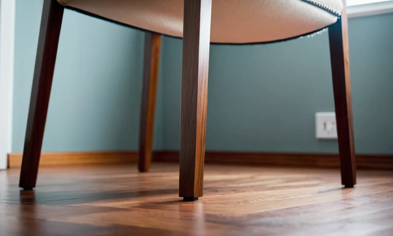 A close-up photograph showcasing a set of chair leg protectors made of soft felt material, securely attached to the legs of a beautifully polished hardwood chair.