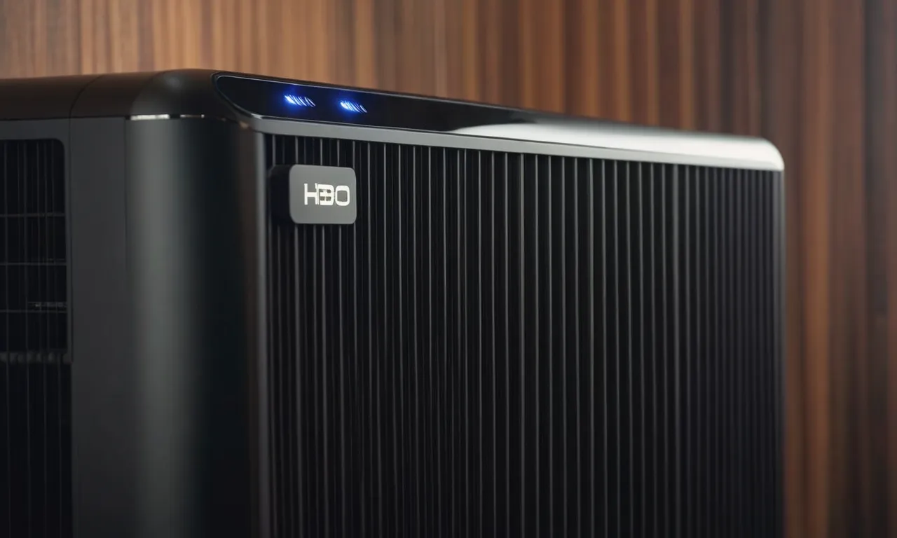 A close-up shot of a sleek, modern air purifier with a carbon filter, quietly removing pollutants from the air, creating a healthy and clean environment.