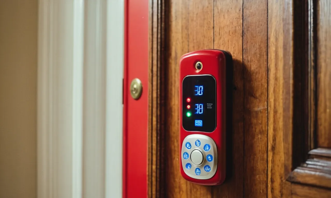 A close-up shot of a bright red door alarm attached to a wooden door, providing a secure and reliable solution for monitoring and ensuring the safety of a dementia patient.