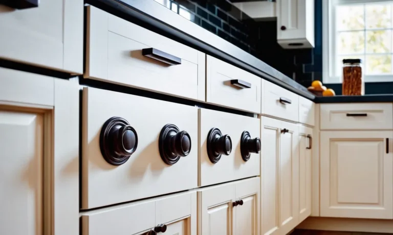 A close-up photograph capturing the sleek, modern knobs on pristine white kitchen cabinets, showcasing their elegant design and perfect fit.