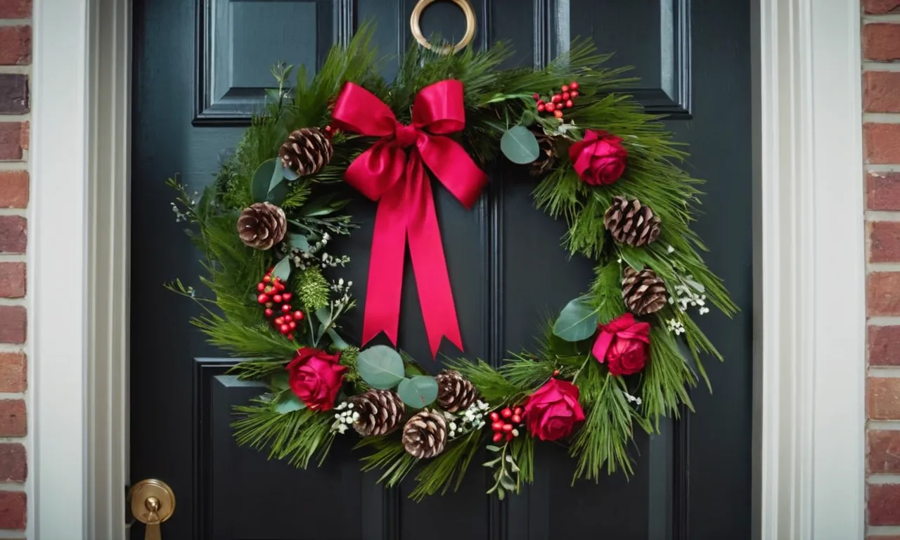 A close-up shot capturing a beautifully adorned wreath gracefully hanging on a front door, secured by the best wreath hanger, adding a touch of elegance and warmth to the entrance.