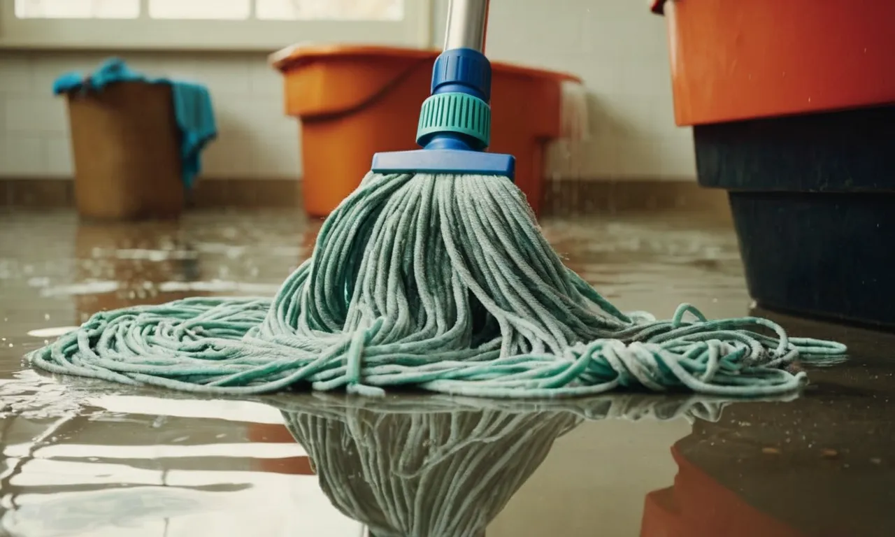 A close-up shot of a mop head being wrung out, capturing the clear separation between the dirty water being squeezed out and the clean, damp mop strands.