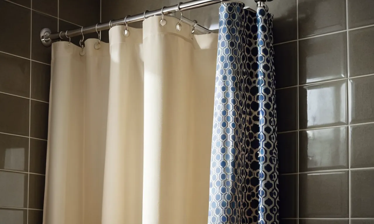 A close-up photo capturing a sleek and sturdy tension rod installed between two pristine tiles, securely holding a stylish shower curtain and adding a touch of elegance to the bathroom.