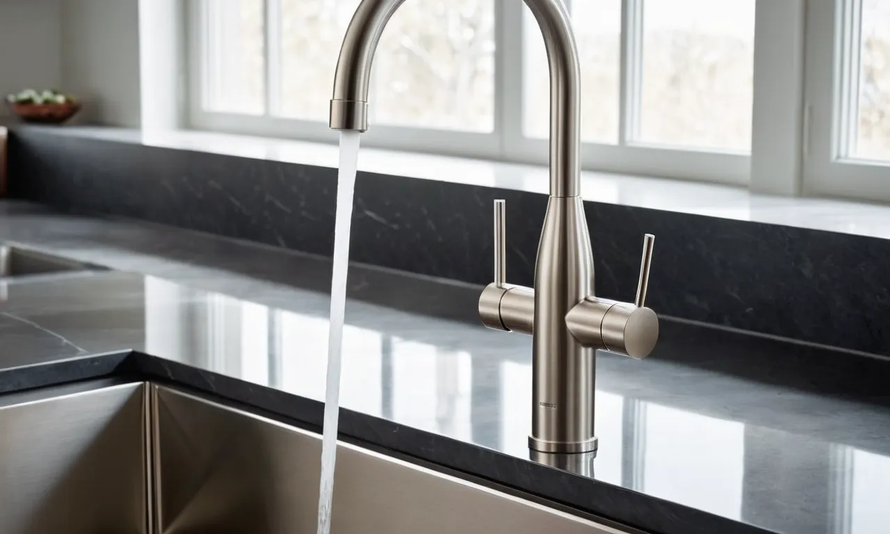 A close-up shot of a sleek, stainless steel kitchen faucet with a built-in water filter, perfectly blending functionality and style.