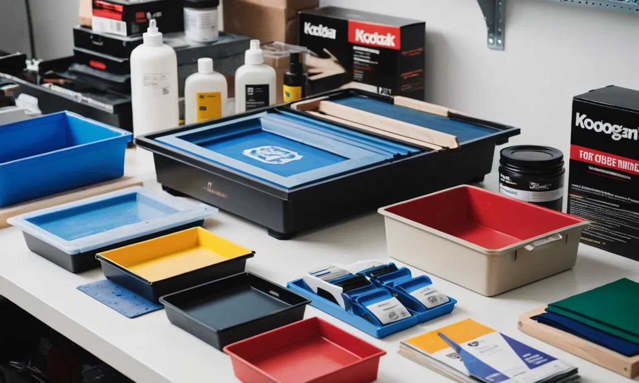 A close-up photograph of a beginner's screen printing kit, showcasing various tools such as screens, squeegees, and inks, neatly arranged on a clean white tabletop.