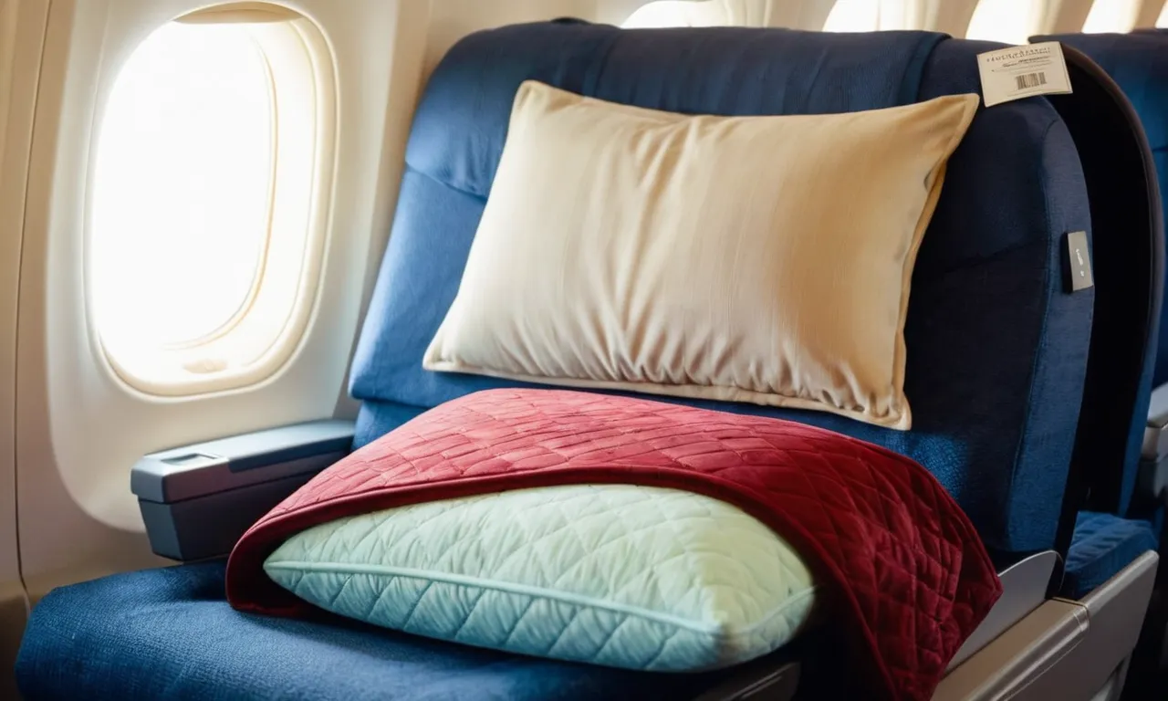 A close-up shot of a comfy travel pillow and blanket set neatly arranged on a plush airplane seat, enticing the viewer to experience ultimate comfort and relaxation during their journey.