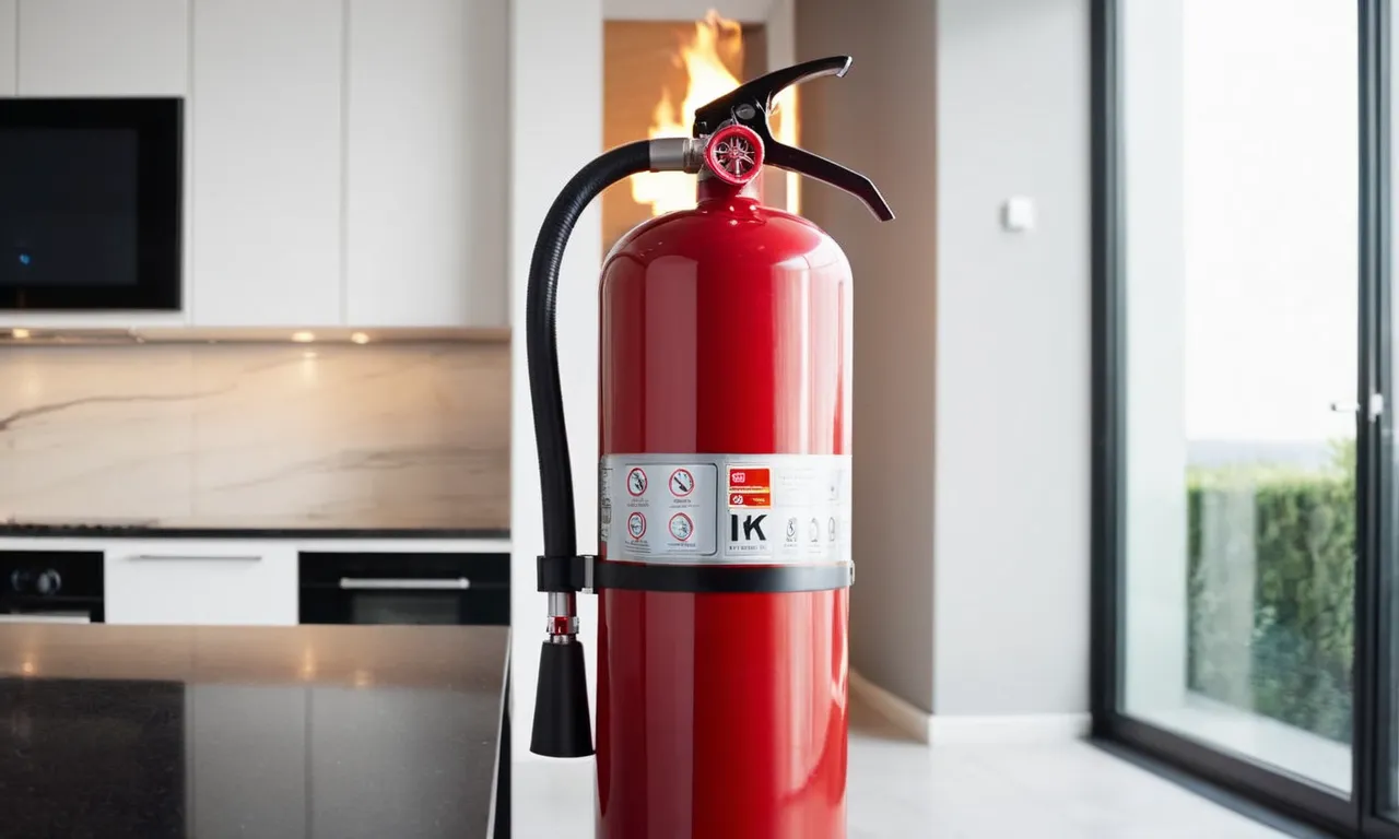 A close-up shot of a state-of-the-art fire extinguisher displayed prominently in a modern home, highlighting its sleek design, user-friendly features, and reliable functionality.