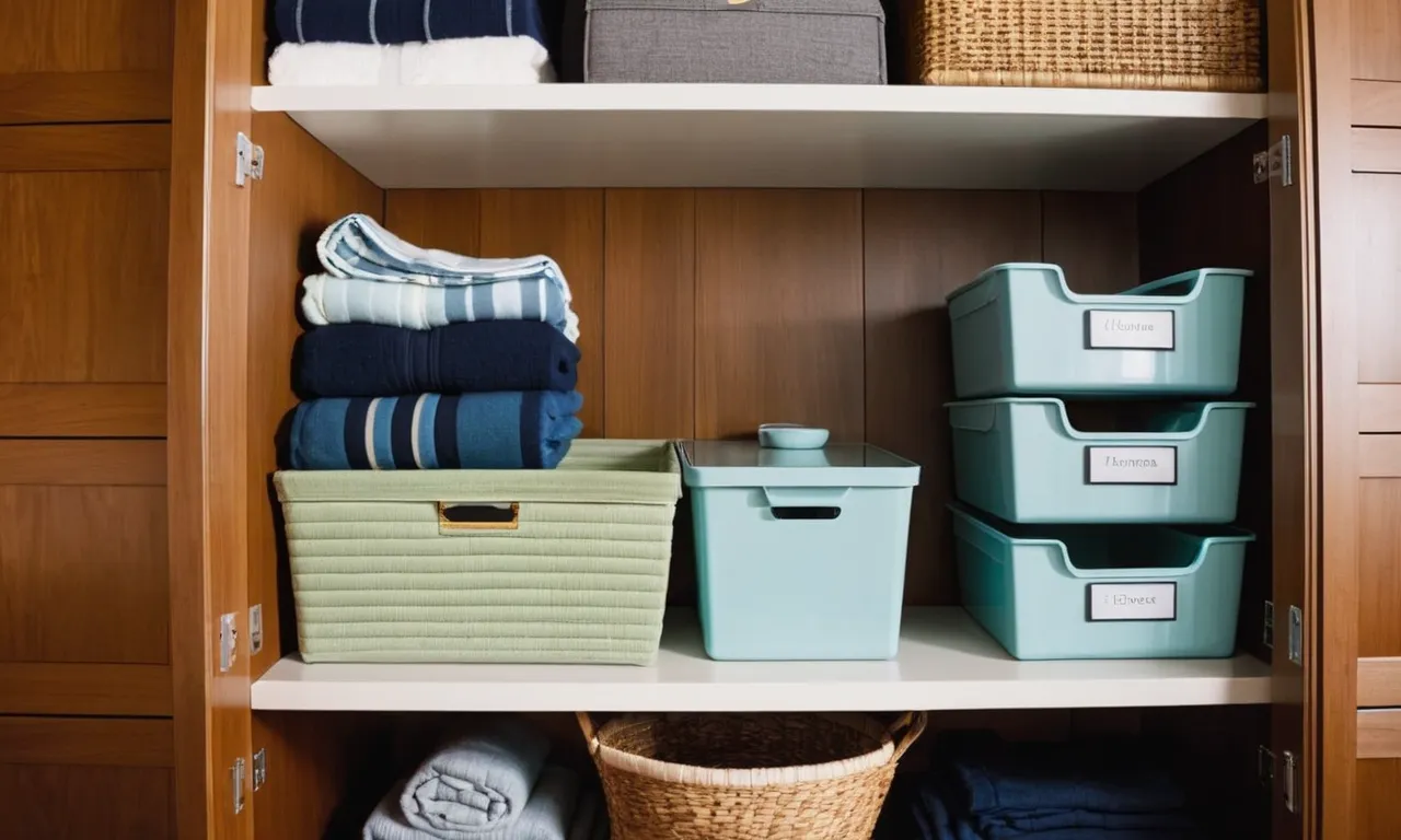 A neatly arranged, compact closet with shelves, labeled storage containers, and hanging organizers. Each item is arranged strategically, maximizing space and providing an efficient storage solution for a small closet.
