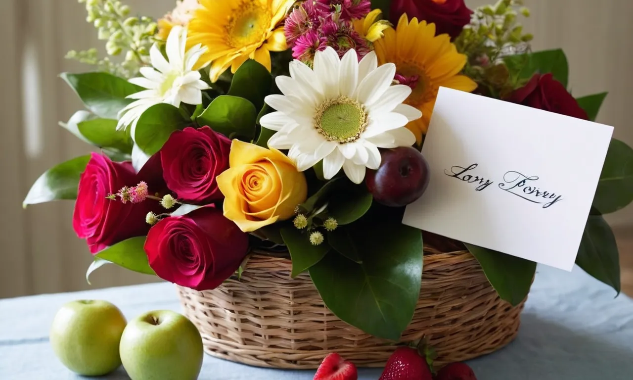A close-up shot of a vibrant bouquet of flowers, accompanied by a heartfelt handwritten card and a basket of healthy fruits, symbolizing love, support, and a speedy recovery after surgery.