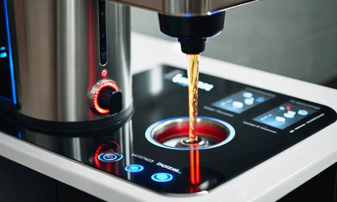 A close-up shot of a sleek, stainless steel hot and cold water dispenser, showcasing its modern design and illuminated buttons, inviting users to enjoy refreshing hydration at any temperature.