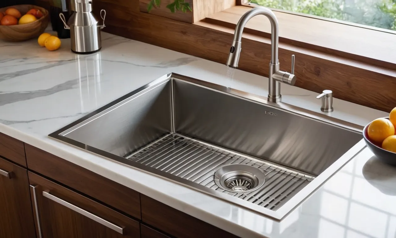 A close-up shot of a sleek stainless steel drop-in kitchen sink, perfectly integrated into a modern countertop, showcasing its durability and timeless elegance.