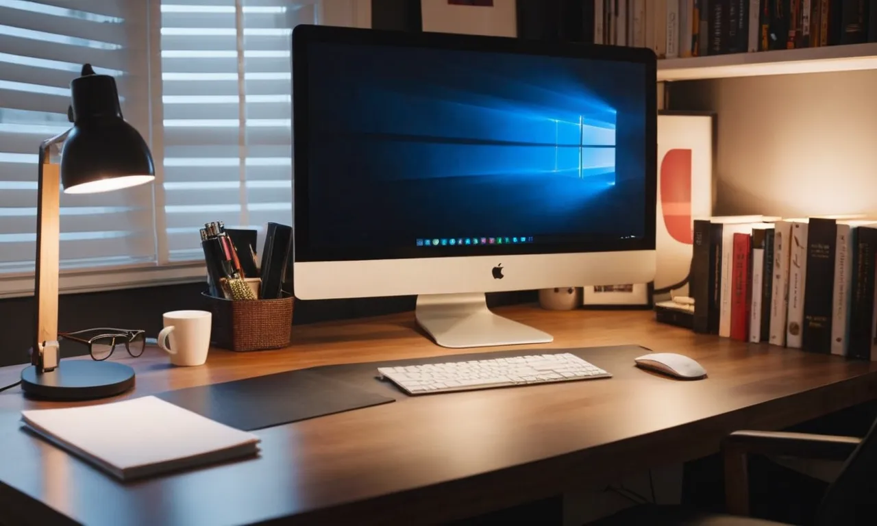 A close-up photo of a modern, sleek desk lamp illuminating a clutter-free home office space, casting a warm, focused light on a neatly arranged desk, creating an ideal work environment.