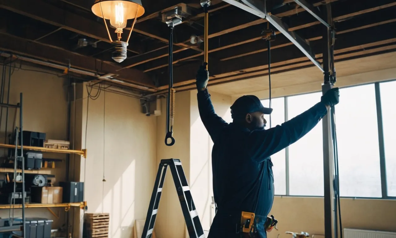 A captivating image showcases a skilled worker gracefully suspended in mid-air, confidently replacing a light bulb on a towering high ceiling with the aid of a specialized tool.