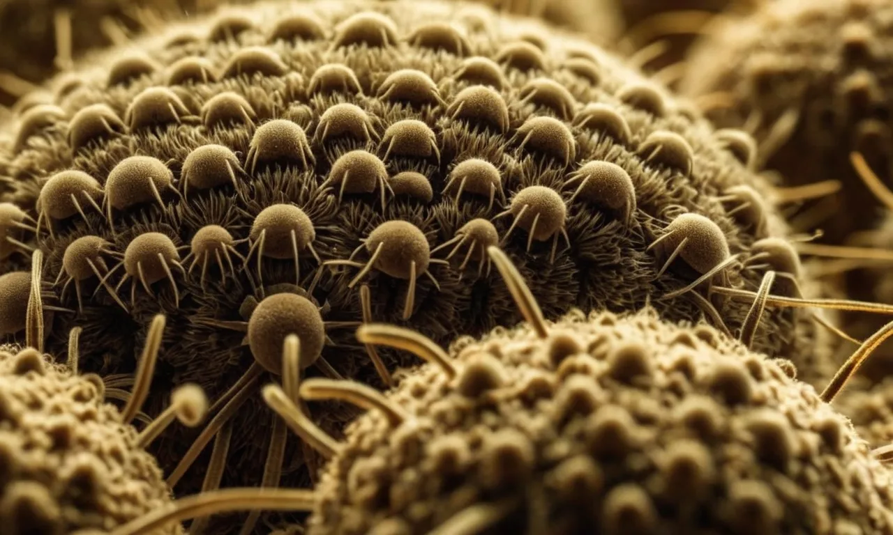 Close-up of a plush pillow cover featuring a microscopic view of dust mites, captured in stunning detail, highlighting the need for the best pillow covers to protect against allergens.