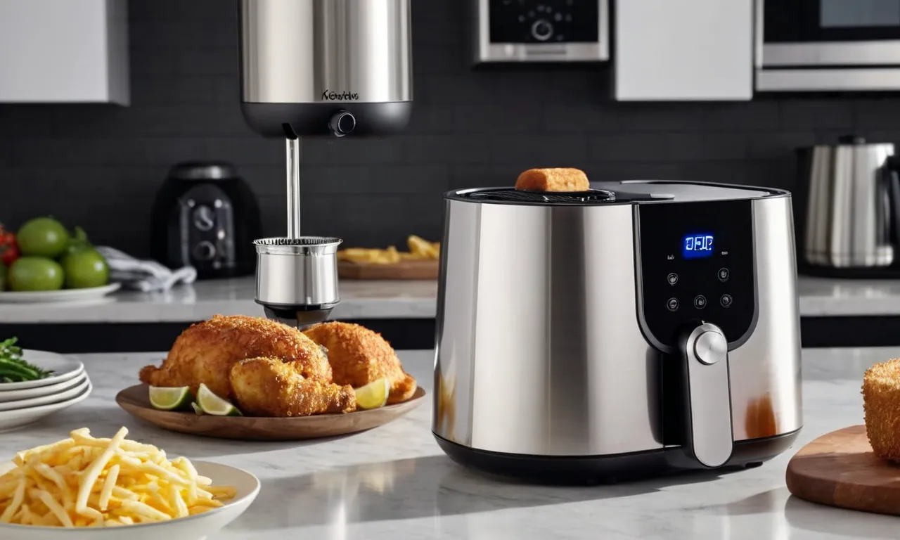 A close-up shot of a sleek, stainless steel oil mister, perfectly positioned next to an air fryer, capturing the essence of convenience and healthy cooking.