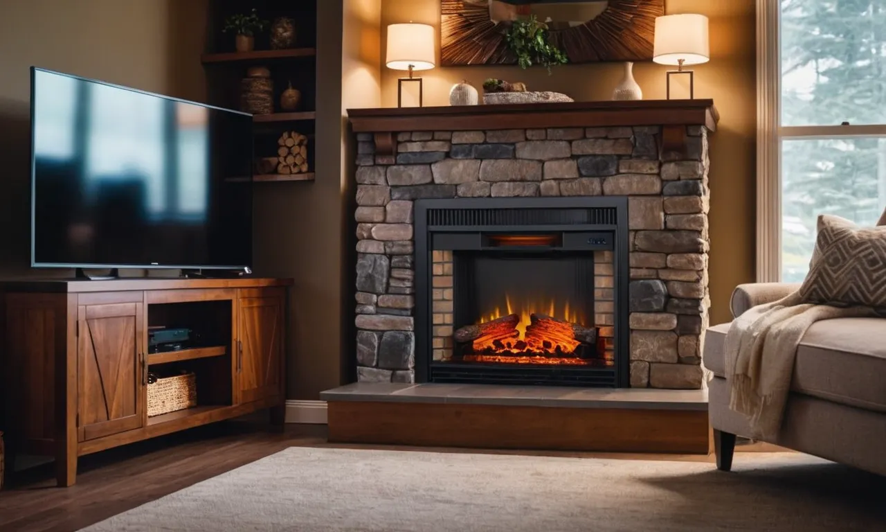 A cozy living room scene captured through the lens, showcasing a beautifully designed electric fireplace insert nestled within an existing fireplace, radiating warmth and ambiance.