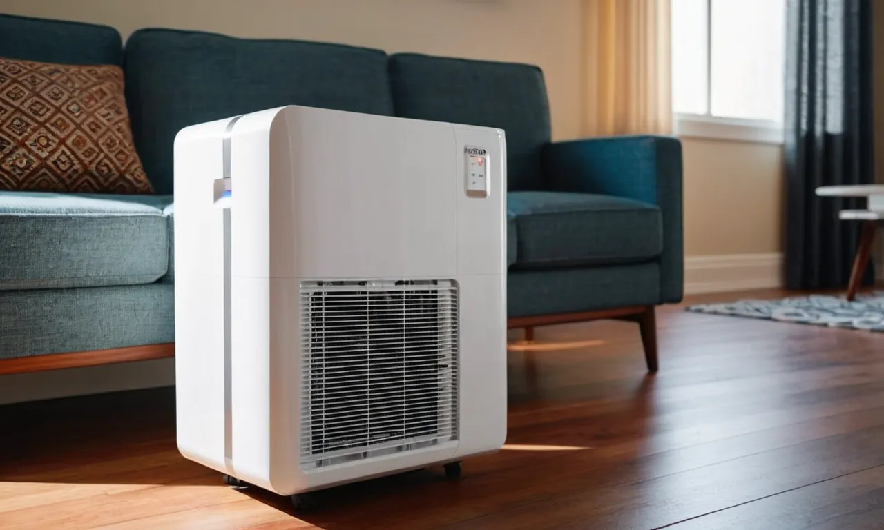 A close-up photo of a sleek, compact 8000 BTU portable air conditioner, displaying its modern design and efficient cooling capabilities, set against a backdrop of a cozy, well-ventilated room.