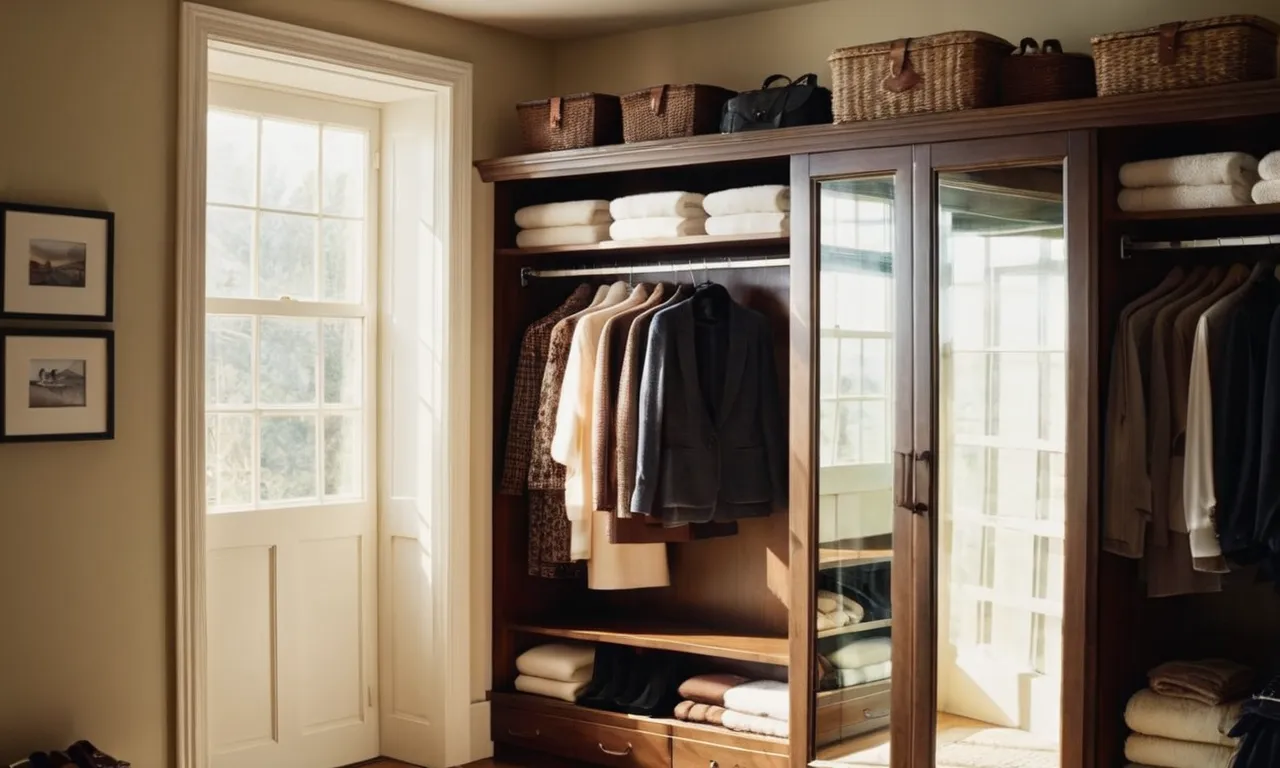 A photo showcasing a well-organized closet bathed in soft, natural sunlight streaming through an open window, creating the perfect illumination without the need for electricity.