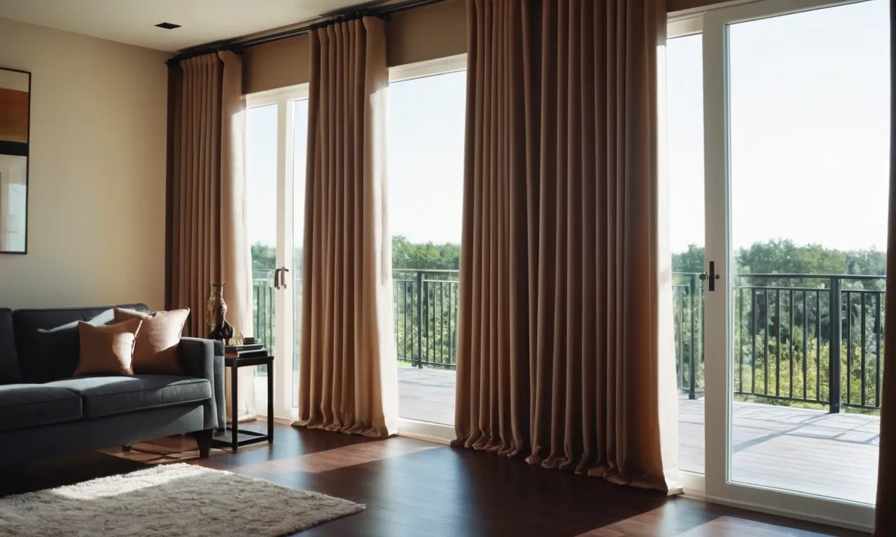 A close-up shot of elegant, floor-to-ceiling blackout curtains gracefully covering a sliding glass door, effectively blocking out sunlight and providing privacy, while adding a touch of sophistication to the room.