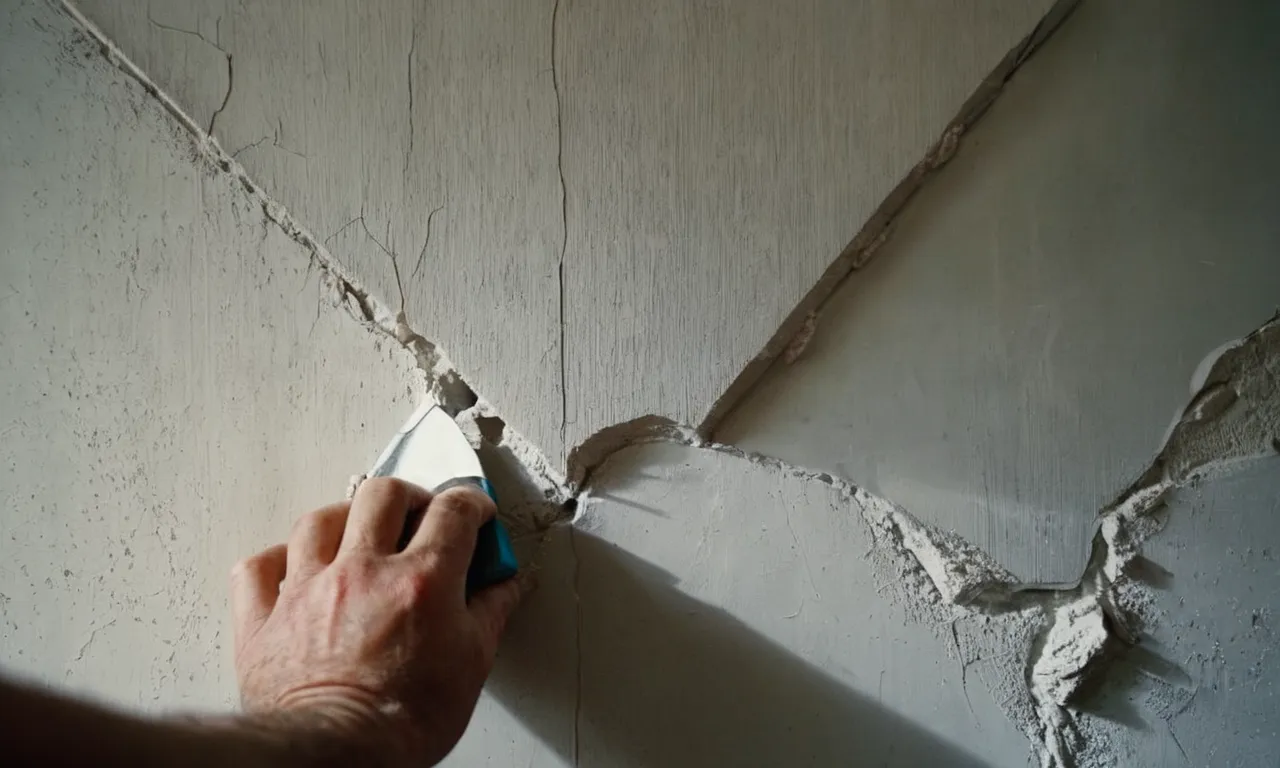 Close-up shot of a skilled hand meticulously applying a specialized plaster filler to a cracked wall, capturing the artistry and precision required for flawlessly repairing damaged plaster surfaces.