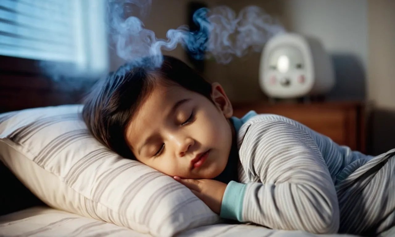 A serene image captures a toddler peacefully sleeping in a cozy bedroom, surrounded by a cool mist humidifier gently diffusing moisture into the air, ensuring a comfortable and healthy environment.