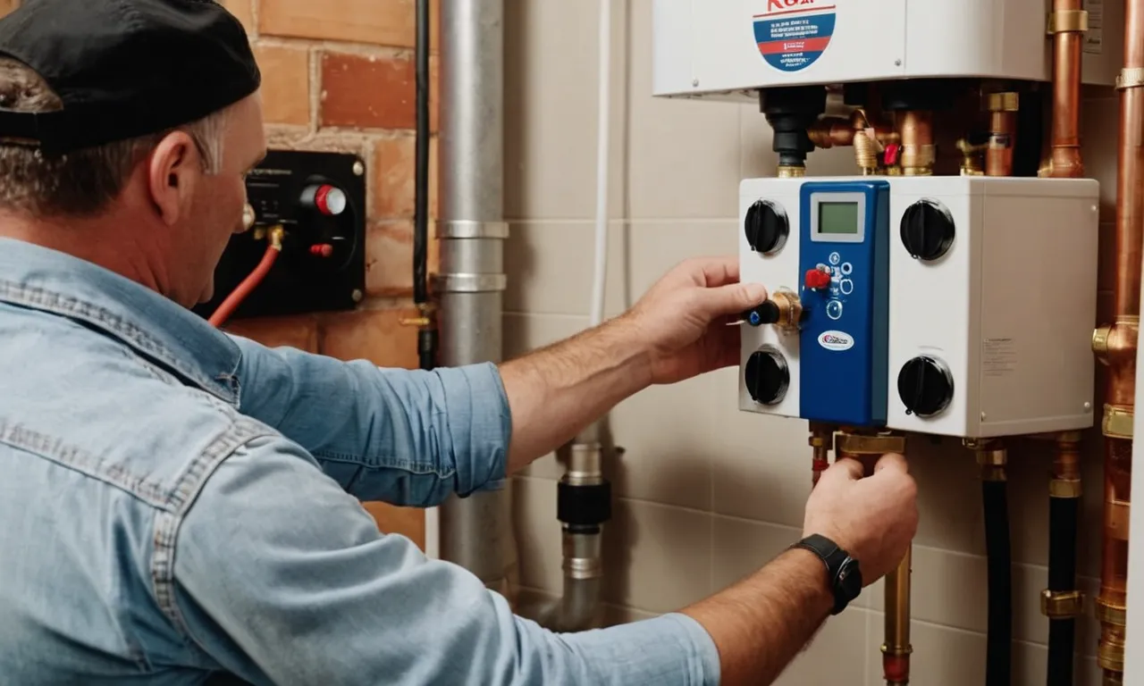 A close-up photo capturing a plumber using a tankless water heater flush kit, showing the equipment's components and the process of flushing out sediment and debris for optimal performance and longevity.
